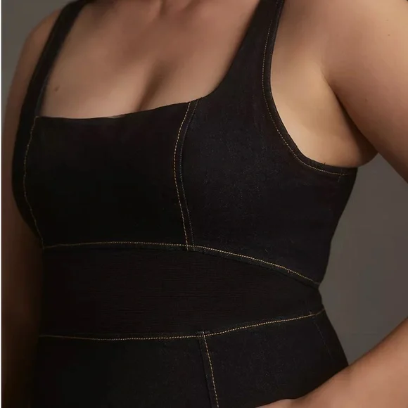 Anthropologie Sleeveless Square-Neck Slim Knit Mini Dress dark Denim size 14 - Picture 5 of 10